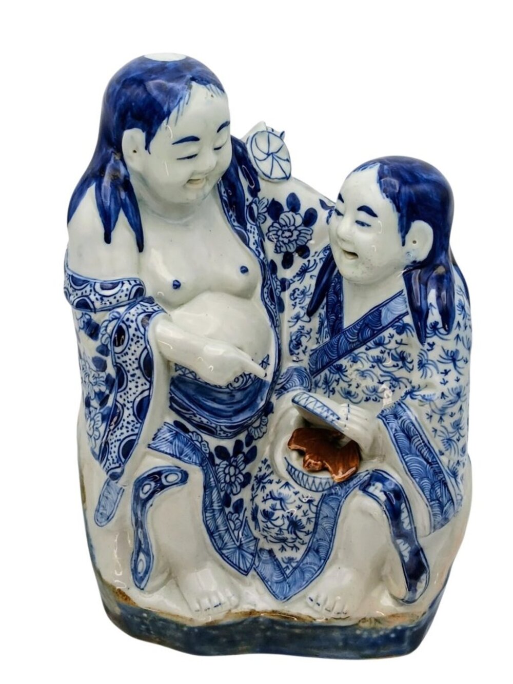 Hehe Erxian Porcelain Figures Blue White Hanshan Shide Sculpture w Bat Box 11"